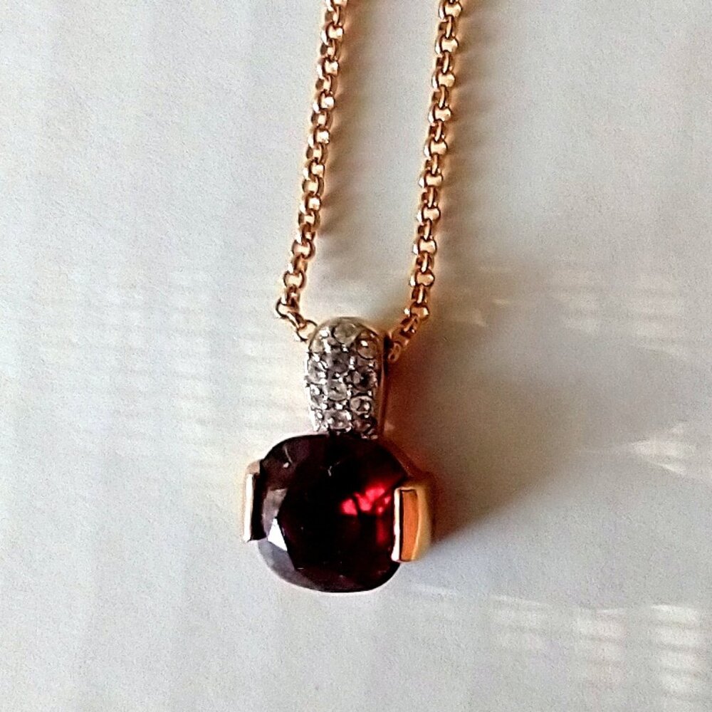 Swarovski Ruby Crystal Pendant Necklace White Rhinestones Goldtone Metal Chain